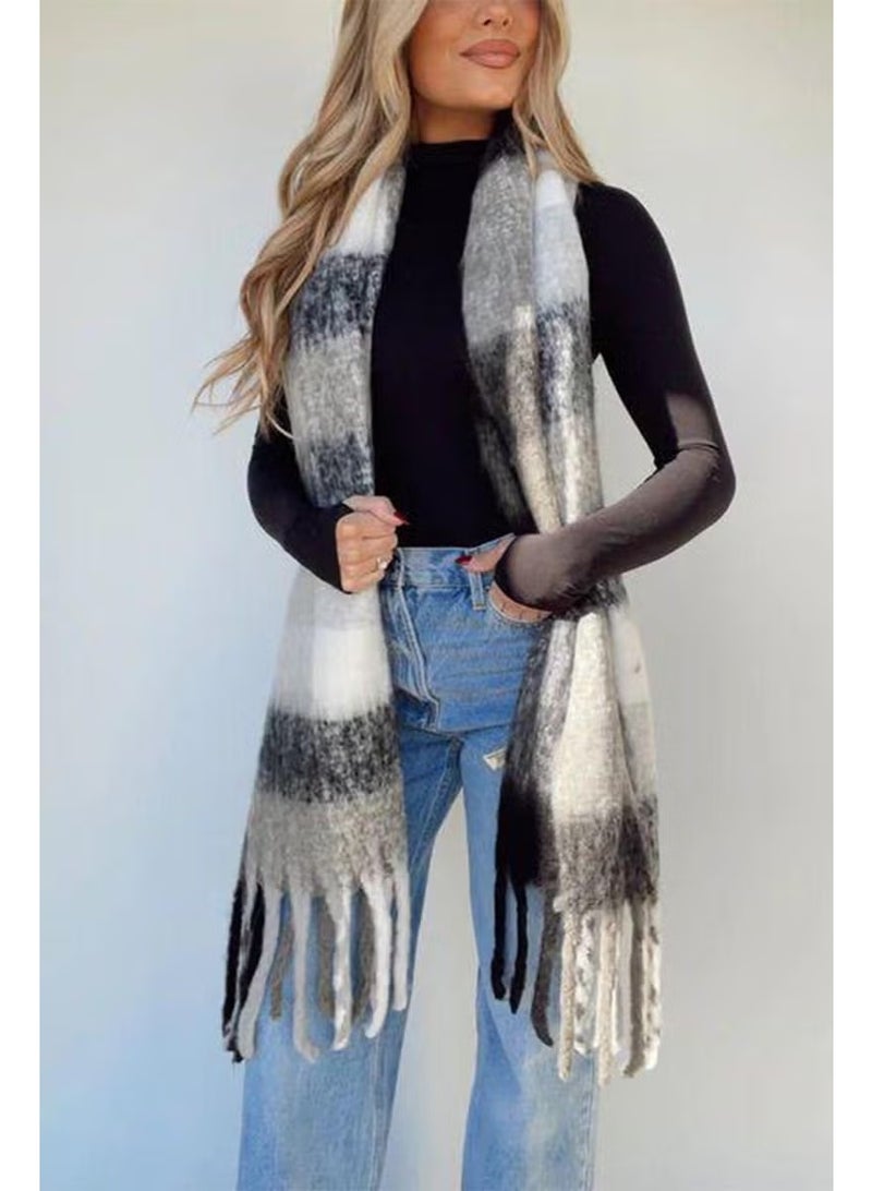 Bahels Imported Puffy Black and White Square Patterned Scarf Shawl Shoulder Shawl - Image 2